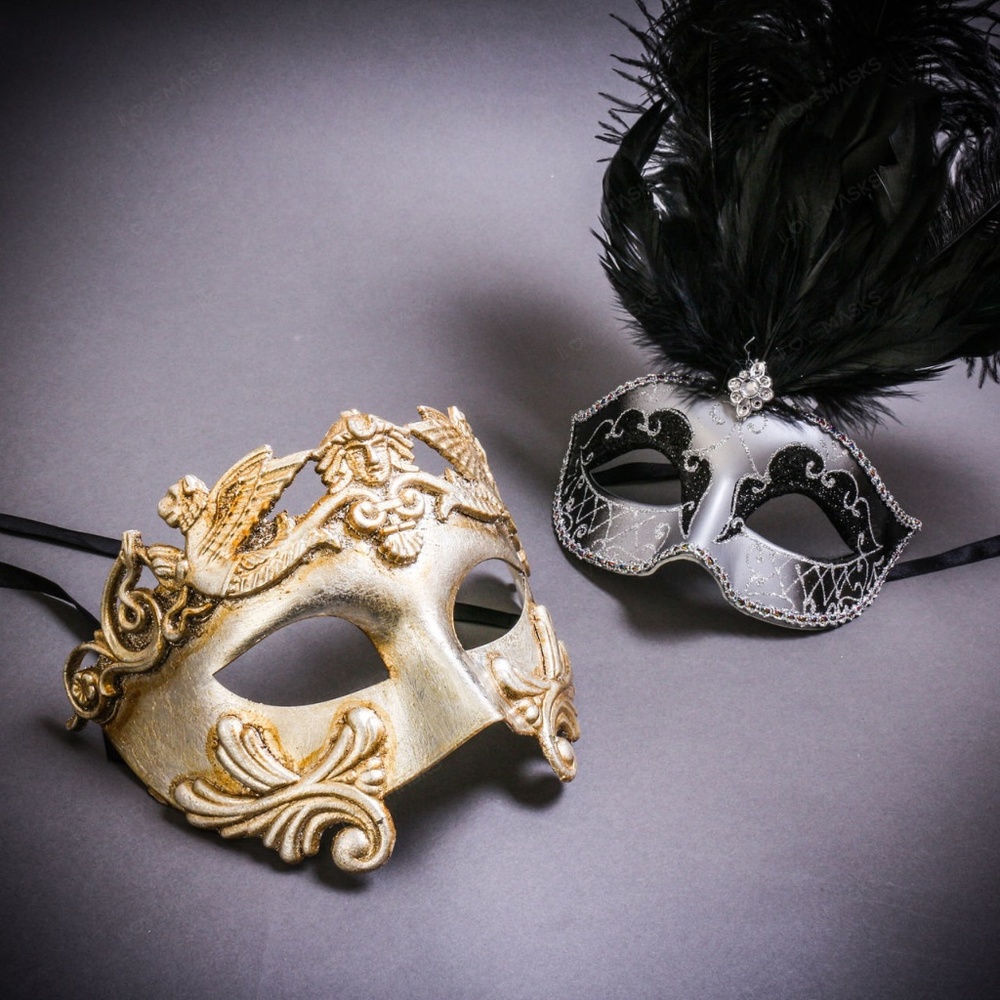 Silver Roman Greek Emperor & Black Feather Women MardiGras Silver Party Eye Mask